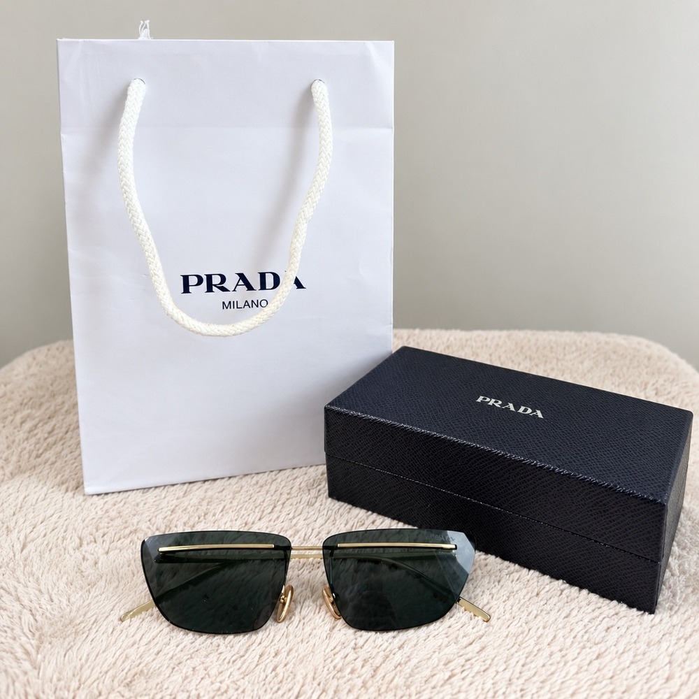Prada Rimless Cat Eye Sunglasses Gold Tone Metal Frame Dark Lens with Case